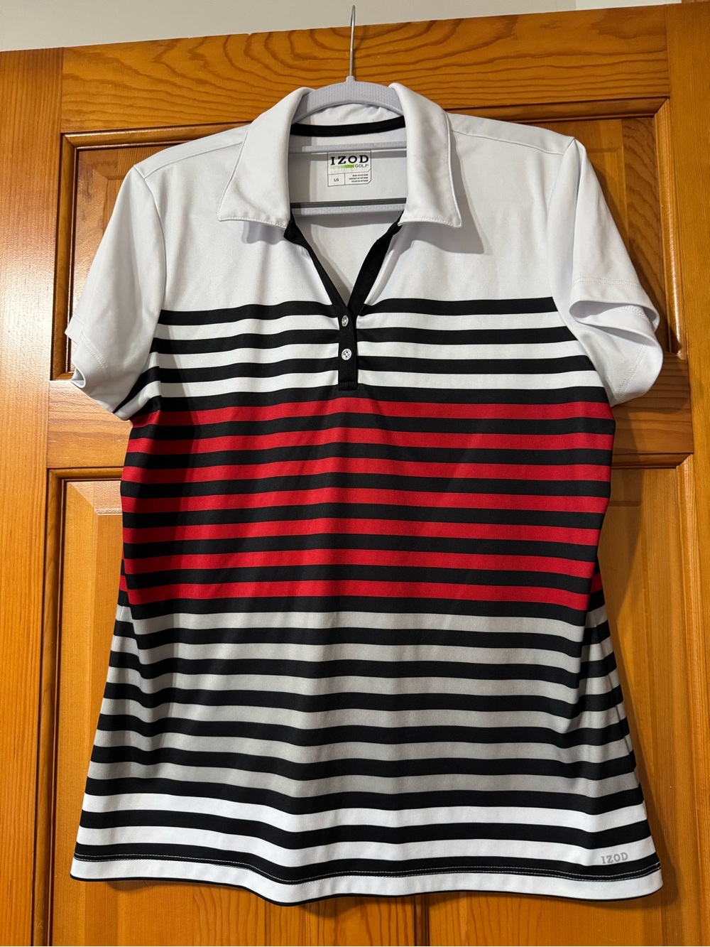 Izod Golf Women’s White, Blue & Red Striped Button-Down Polo